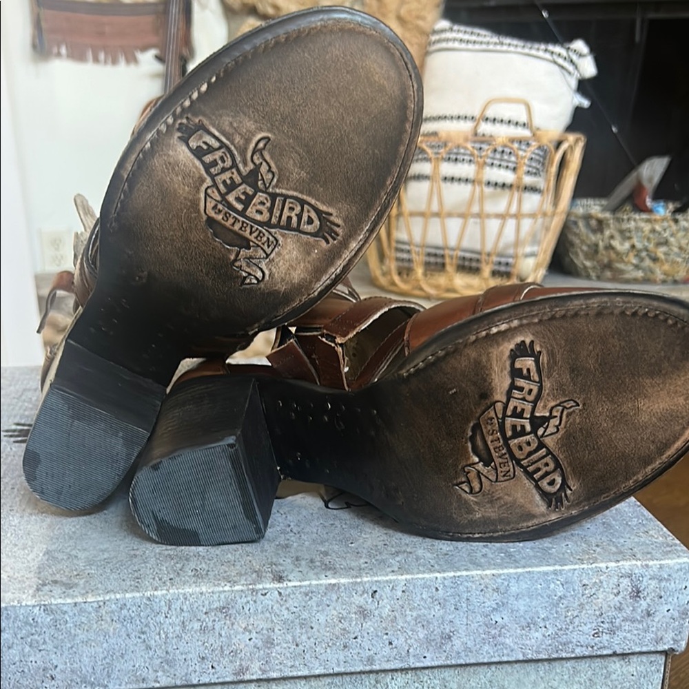 New In Box Freebird by Steven Claw Cognac Leather Heeled Sandal - Cognac - Picture 5 of 5